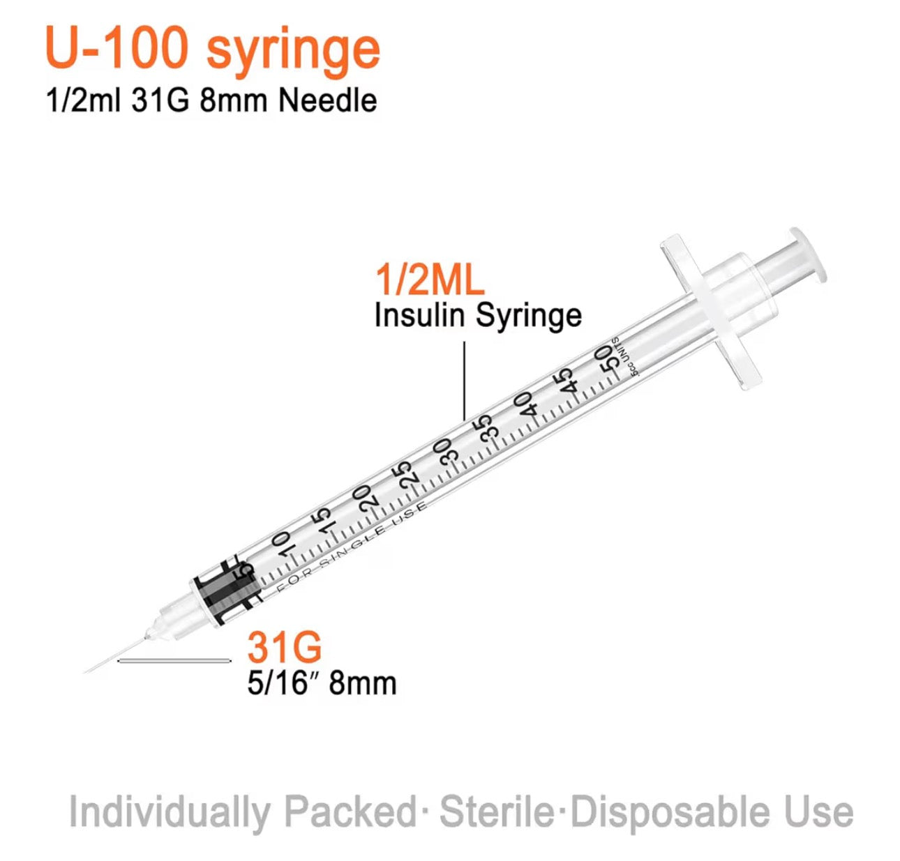 1ml 31G 5/16” 8mm Syringe with Needle, Individually Wrapped, Pack of 100